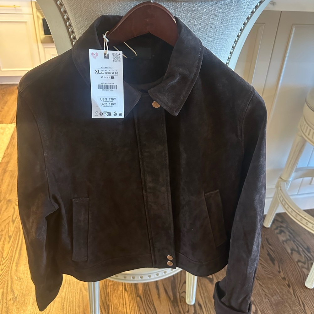 Zara Dark Brown Suede Bomber Jacket - XL